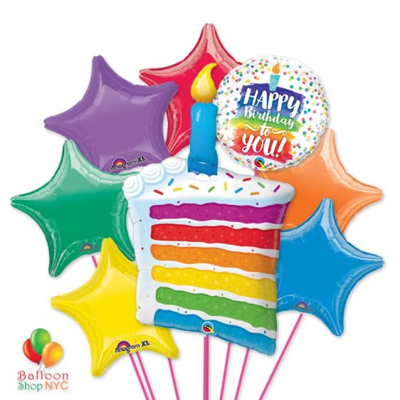Happy Birthday Rainbow Cake Candle Stars Balloons Bouquet delivery Balloon Shop NYC