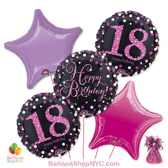 18th Pretty Pink Happy Birthday Mylar Stars Balloon Bouquet Inflated high-quality cheap balloons nyc delivery