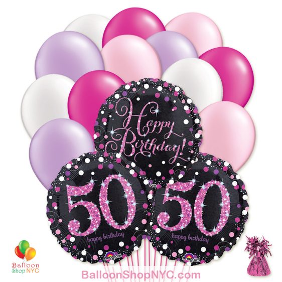 50th Pretty Pink Happy Birthday Mylar Latex Pearl Balloon Bouquet Inflated high-quality cheap balloons nyc delivery