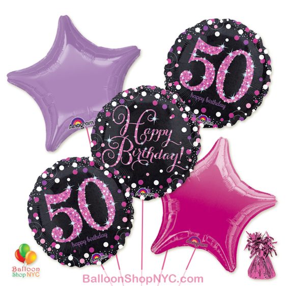 50th Pretty Pink Happy Birthday Mylar Stars Balloon Bouquet Inflated high-quality cheap balloons nyc delivery