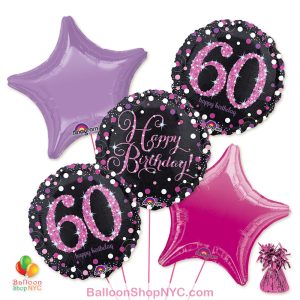 60th Pretty Pink Happy Birthday Mylar Stars Balloon Bouquet Inflated high-quality cheap balloons nyc delivery