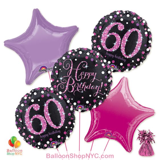 60th Pretty Pink Happy Birthday Mylar Stars Balloon Bouquet Inflated high-quality cheap balloons nyc delivery