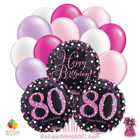 80th Pretty Pink Happy Birthday Mylar Latex Pearl Balloon Bouquet high-quality cheap balloons nyc delivery
