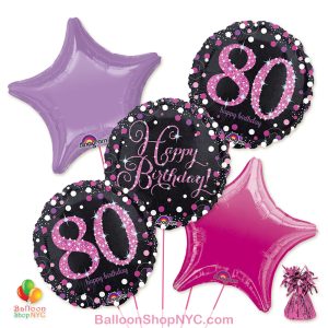 80th Pretty Pink Happy Birthday Mylar Stars Balloon Bouquet Inflated high-quality cheap balloons nyc delivery