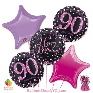 90th Pretty Pink Happy Birthday Mylar Stars Balloon Bouquet Inflated high-quality cheap balloons nyc delivery