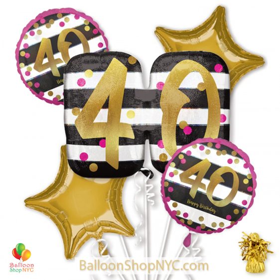 40th Milestone Happy Birthday Pink Gold Mylar Balloon Bouquet Helium Inflated high-quality cheap balloons nyc delivery