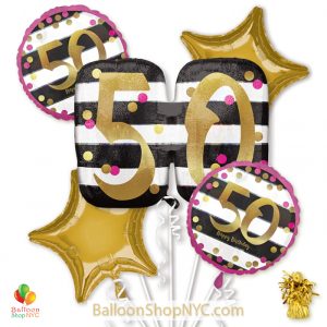 50th Milestone Happy Birthday Pink Gold Mylar Balloon Bouquet Helium Inflated high-quality cheap balloons nyc delivery