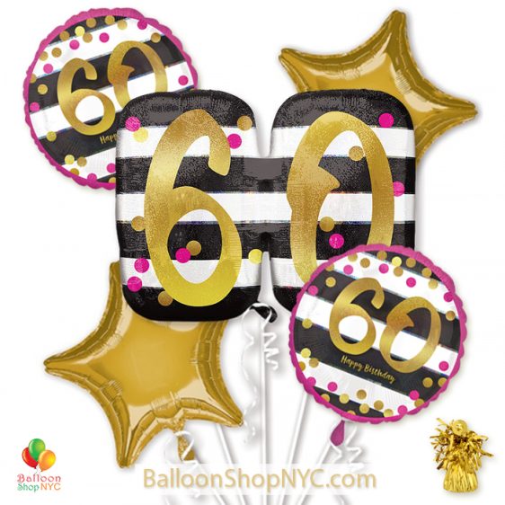60th Milestone Happy Birthday Pink Gold Mylar Balloon Bouquet Helium Inflated high-quality cheap balloons nyc delivery