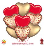 Gold Heart Red Hearts Love You Valentines Balloon Bouquet with Weight Delivery in New York from Balloon Shop NYC