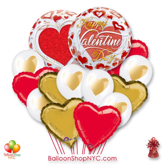 Happy Valentines Day Red Hearts Bubble Balloon Bouquet with Weight