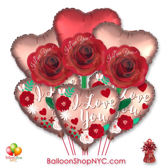 I Love You Roses Valentines Day Balloon Bouquet with Weight Delivery in New York from Balloon Shop NYC