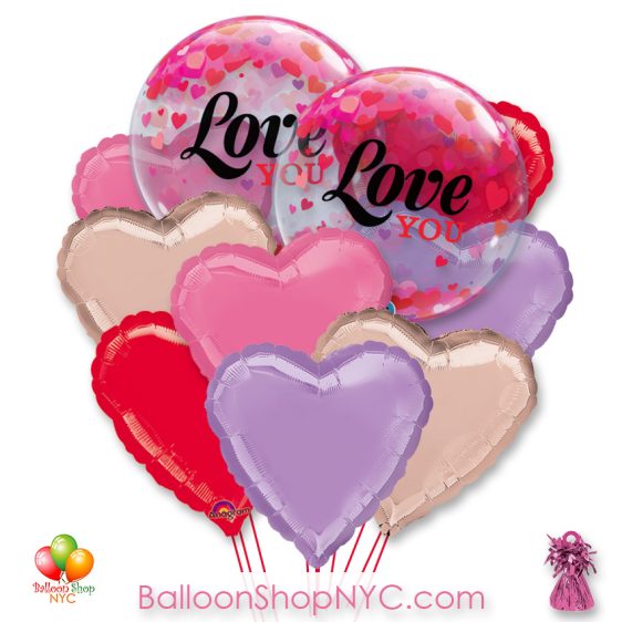 Love You Hearts Valentines Bubble Balloon Bouquet Inflated Delivery in New York from Balloon Shop NYC