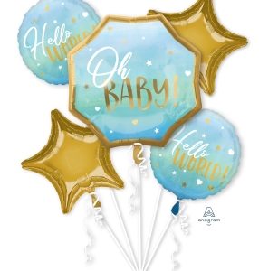 Blue Baby Boy Mylar Balloon Bouquet Inflated with Helium Including Weight