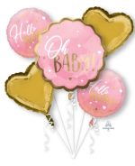 Pink Baby Girl Mylar Balloon Bouquet Inflated with Helium Including Weight
