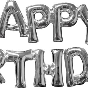 Silver Happy Birthday Air Filled Balloons Banner (14 H x 14 FT.  Does Not Float)