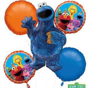 Cookie Monster Mylar Balloon Bouquet Inflated with Helium and attached to Weight