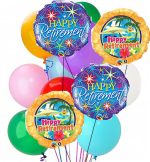 Happy Retirtement Balloon Bouquet Inflated with Helium and attached to Weight