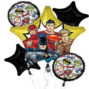 Justice League Mylar Balloon Bouquet Inflated with Helium and attached to Weight