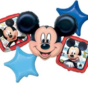 Mickey Mouse Birthday Mylar Balloon Bouquet Inflated attached to Weight