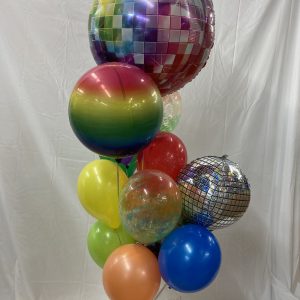 Disco and Rainbow Orbz Bouquet Inflated With Helium and attached to weight