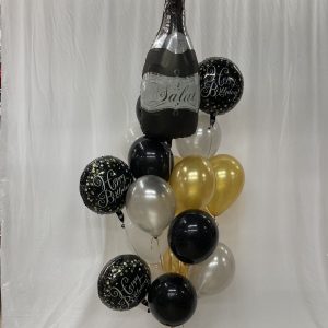 Elegant Champagne bottle & Jewls  Bouquet Inflated With Helium and attached to weight