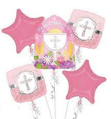 First Communion Pink Mylar Balloon Bouquet Inflated with Weight